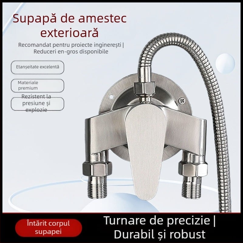 Robinet de duș din oțel inoxidabil cu montaj la vedere, disc ceramic, 0-100°C, 1.6 MPa, conexiuni filetate