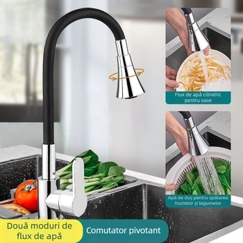 Robinet de bucătărie cu cap rotativ, moduri multiple de curgere a apei și anti-stropire; disc ceramic al valvei, corp din cupru cromat