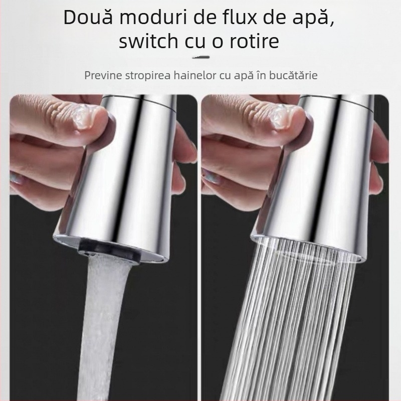 Robinet de bucătărie cu cap rotativ, moduri multiple de curgere a apei și anti-stropire; disc ceramic al valvei, corp din cupru cromat