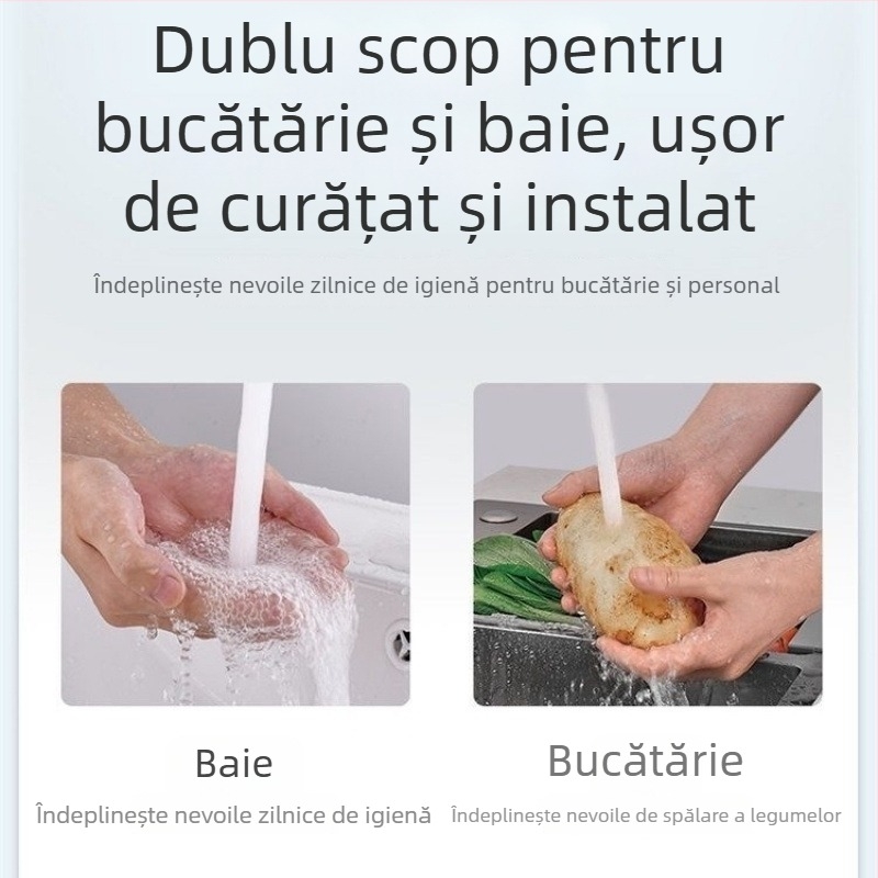 Robinet de bucătărie cu cap rotativ, moduri multiple de curgere a apei și anti-stropire; disc ceramic al valvei, corp din cupru cromat