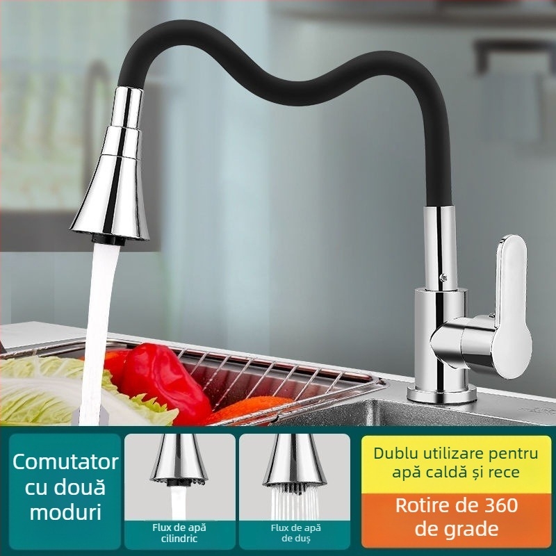 Robinet de bucătărie cu cap rotativ, moduri multiple de curgere a apei și anti-stropire; disc ceramic al valvei, corp din cupru cromat