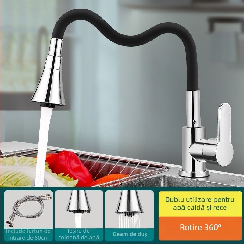 Robinet de bucătărie cu cap rotativ, moduri multiple de curgere a apei și anti-stropire; disc ceramic al valvei, corp din cupru cromat