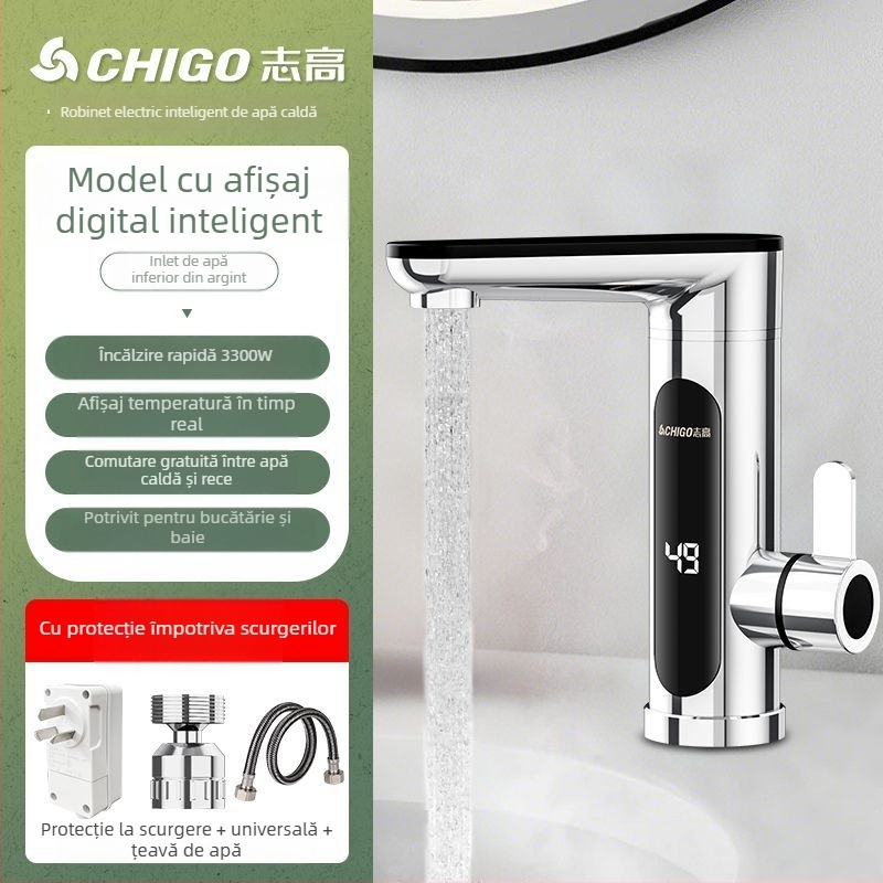 Robinet electric pentru apă caldă, încălzire instantanee, monocomandă, afișaj temperatură, izolare apă-electricitate, oțel inoxidabil 304