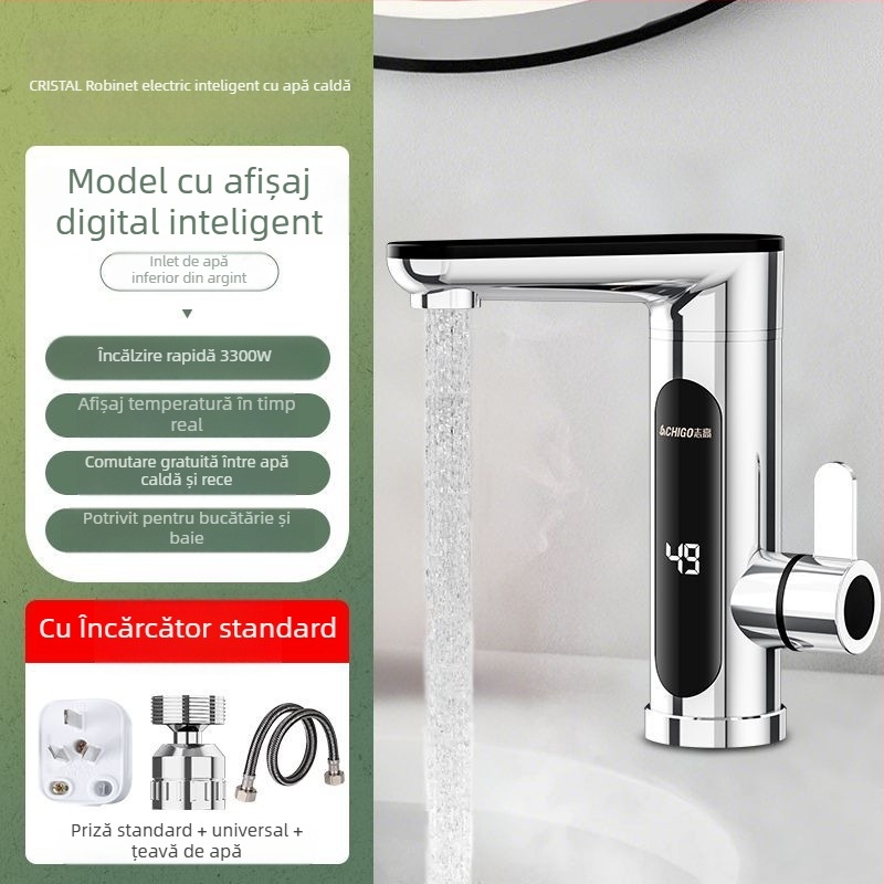 Robinet electric pentru apă caldă, încălzire instantanee, monocomandă, afișaj temperatură, izolare apă-electricitate, oțel inoxidabil 304