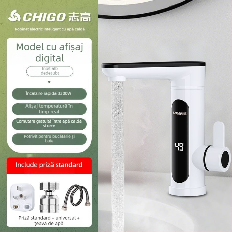 Robinet electric pentru apă caldă, încălzire instantanee, monocomandă, afișaj temperatură, izolare apă-electricitate, oțel inoxidabil 304