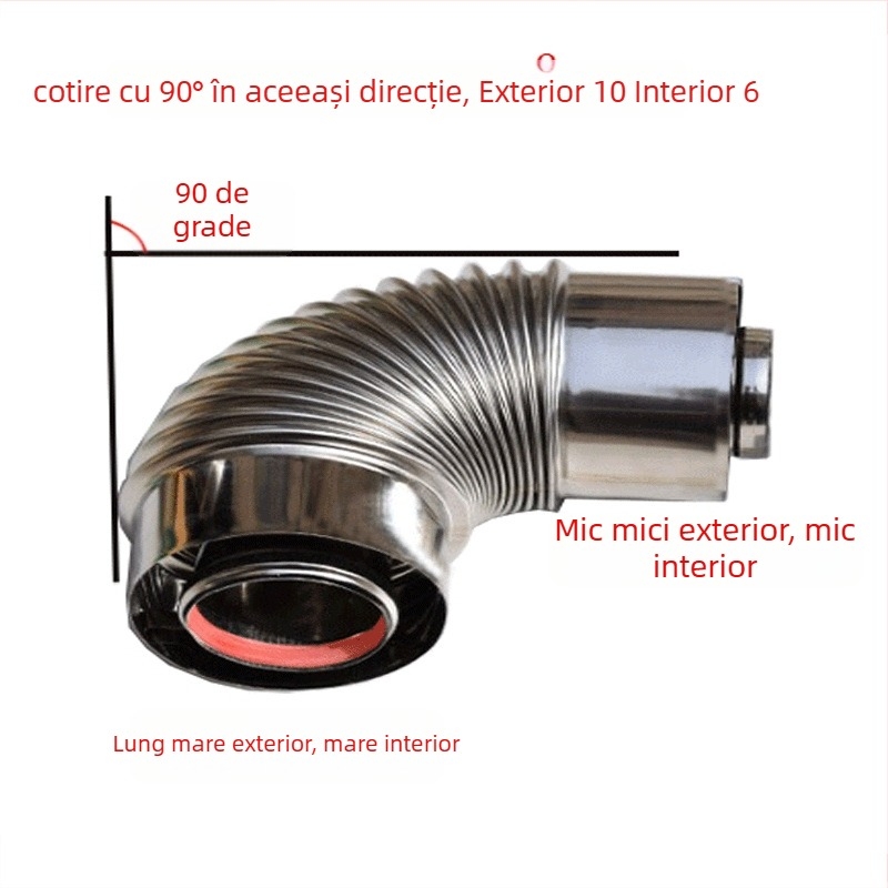Țeavă de evacuare din oțel inoxidabil pentru boilerul montat pe perete, cu două pereți, conectori unghiulari, modelul 01, grosimea pereților 0,003