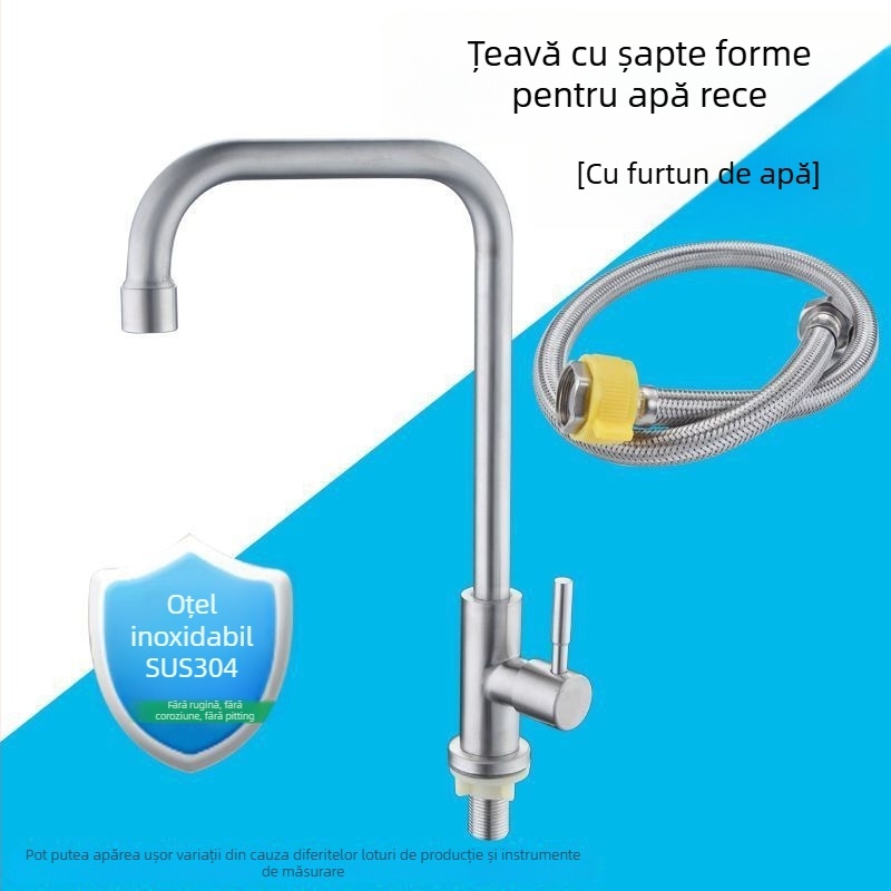 Robinet de bucătărie din oțel inoxidabil 304, apă rece, rotație universală, robinet cu disc ceramic, finisaj periat