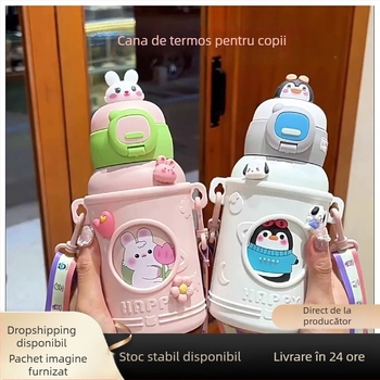 Cușă termos pentru copii cu interior din oțel inoxidabil 316, izolație 12–24 de ore, pai, capac cu închidere, design desen animat