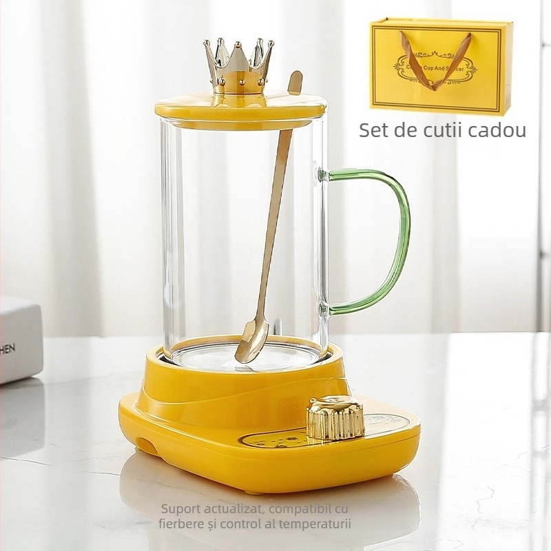 Ceașcă electrică de sticlă pentru încălzire apă și infuzare ceai, potrivită pentru 1-2 persoane, design despărțibil, putere sub 1000 W, cablu de alimentare 1 m