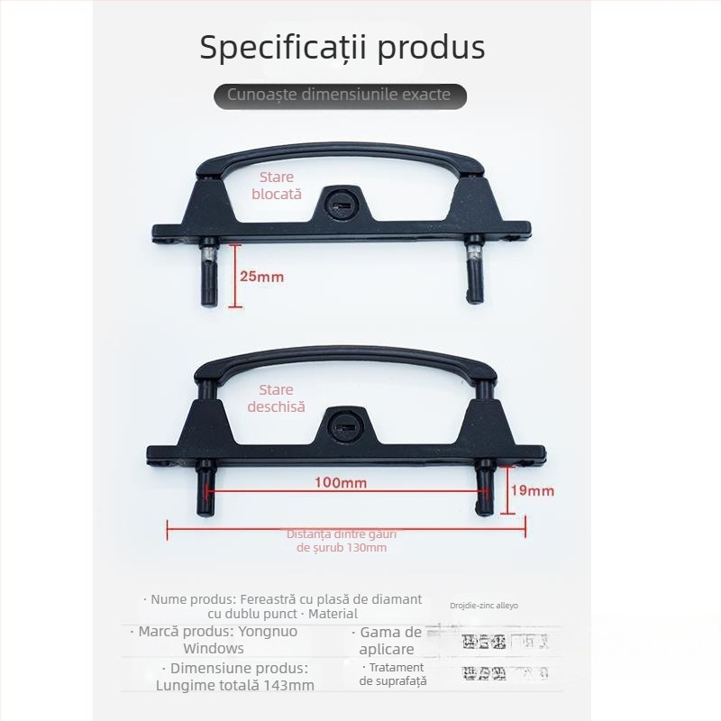 Încuietoare multipunct pentru uși și ferestre, cu cheie, din aliaj de aluminiu, cu două puncte de închidere, pentru ferestre cu plasă