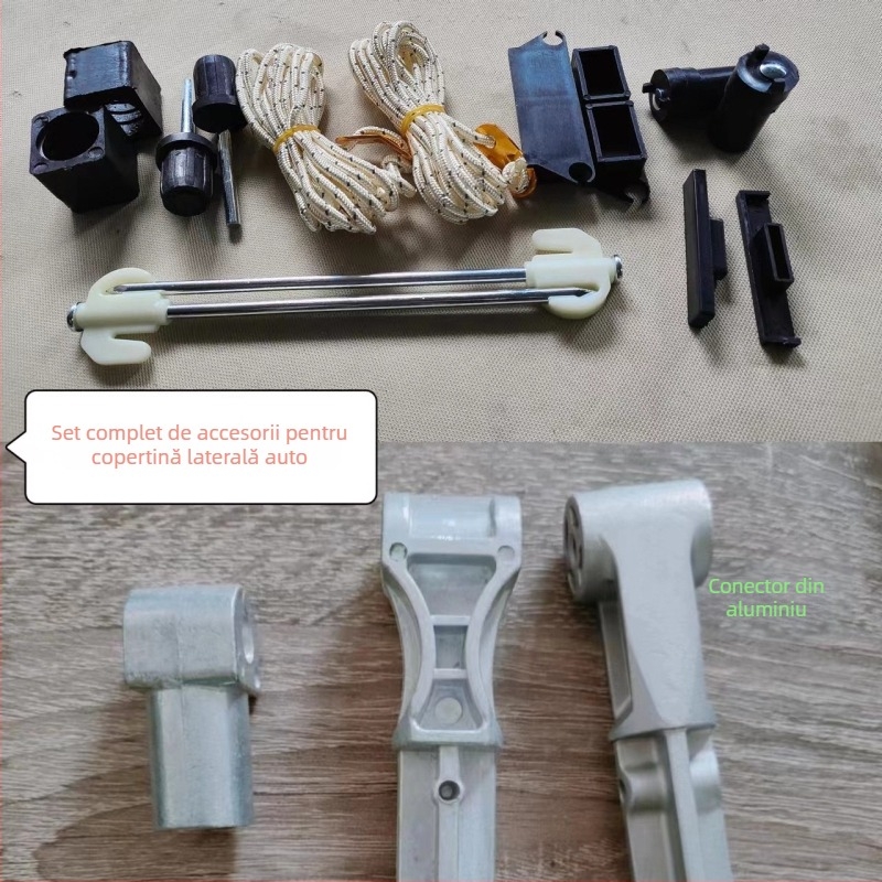 Set de accesorii pentru cortul auto: bare transversale, părți pentru prelata laterală, țevi de susținere din aluminiu și profile pentru camping