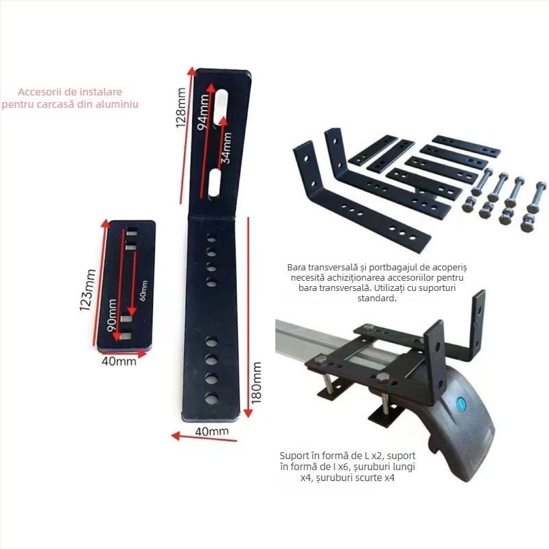 Set de accesorii pentru cortul auto: bare transversale, părți pentru prelata laterală, țevi de susținere din aluminiu și profile pentru camping