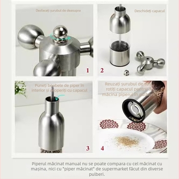 Râșniță de piper din oțel inoxidabil 304, robinet în formă de cârmă, măcinare reglabilă, nucleu ceramic