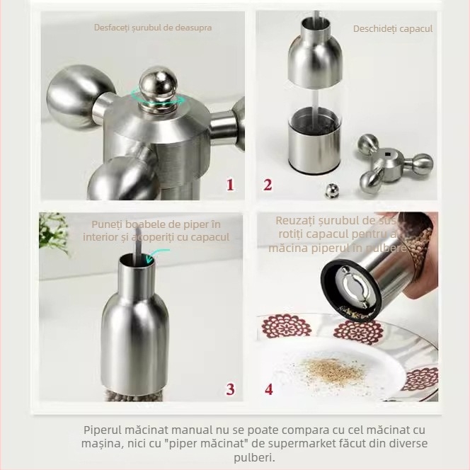 Râșniță de piper din oțel inoxidabil 304, robinet în formă de cârmă, măcinare reglabilă, nucleu ceramic