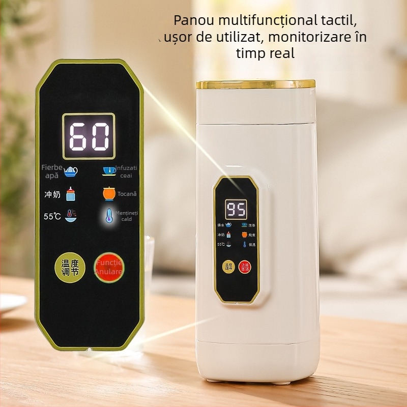 Cană electric portabilă din oțel inoxidabil, mini, 650 ml, 400 W, încălzire prin carcasă, protecție împotriva uscării și supraîncălzirii