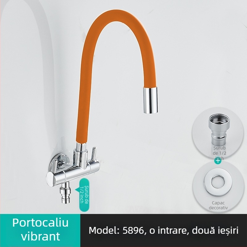 Robinet de apă pentru mașina de spălat, intrare 1, ieșire 2, robinet unghiular rotativ cu trei căi; corp din cupru parțial; disc ceramic; model 5896; conexiune unică