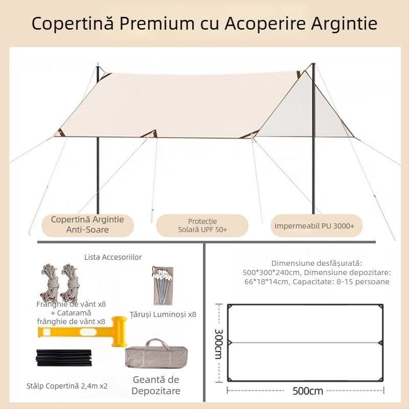 Cort de camping din vinil cu protecție UV, umbrelă de soare portabilă