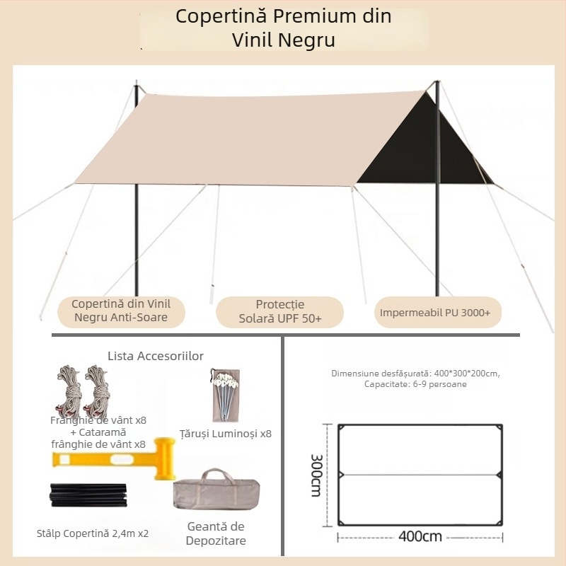 Cort de camping din vinil cu protecție UV, umbrelă de soare portabilă