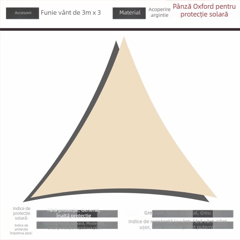 Sail de umbrire triunghiular din poliester 420D Oxford, impermeabilitate 3000, design pliabil, personalizabil, pentru curte, grădină și camping