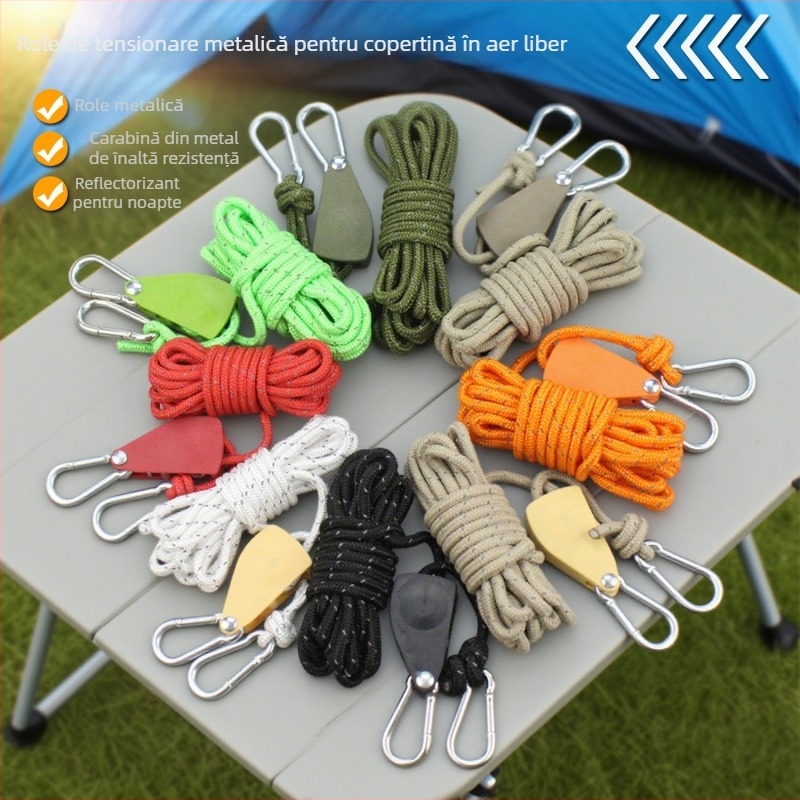 Întinzător reglabil de frânghie pentru cort și canopy, cu tambur metalic, frânghie reflectorizantă, rezistentă la vânt, din nylon, aliaj și paracord poliester