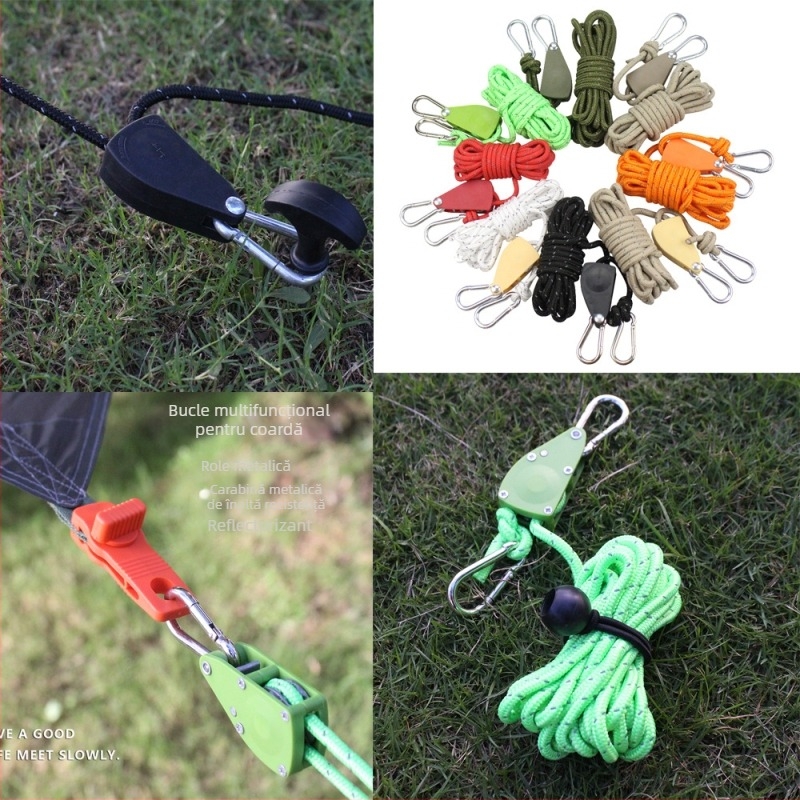 Întinzător reglabil de frânghie pentru cort și canopy, cu tambur metalic, frânghie reflectorizantă, rezistentă la vânt, din nylon, aliaj și paracord poliester