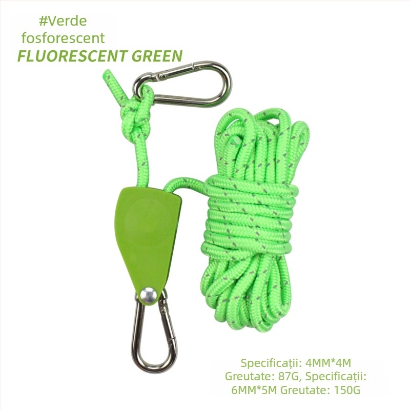 Întinzător reglabil de frânghie pentru cort și canopy, cu tambur metalic, frânghie reflectorizantă, rezistentă la vânt, din nylon, aliaj și paracord poliester