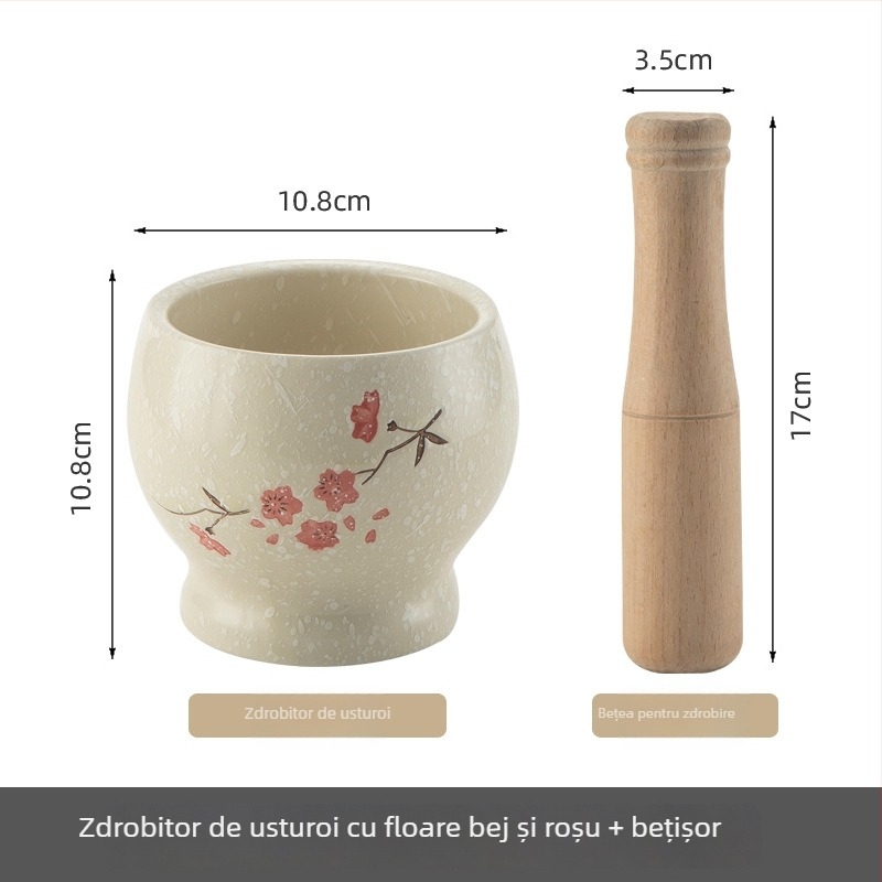 Mojar ceramic pentru usturoi cu pistă din lemn, stil antic