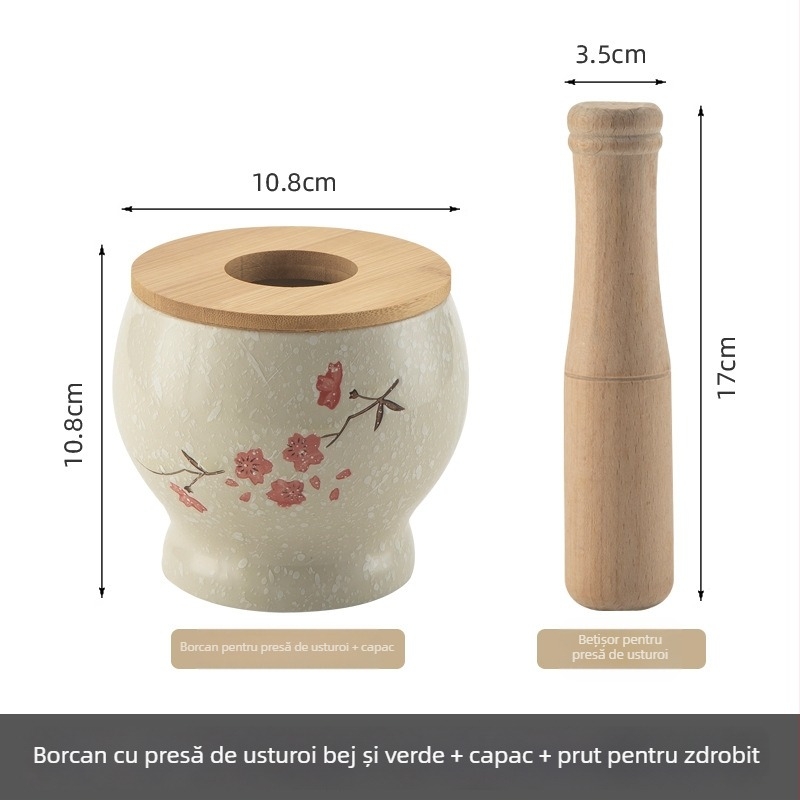 Mojar ceramic pentru usturoi cu pistă din lemn, stil antic