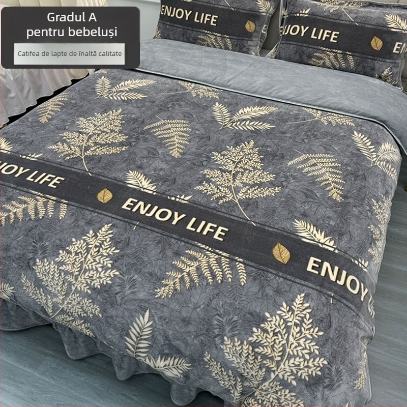 Husa de pilotă din velur de lapte, dublu față, căptușită cu fleece, dimensiune 1,8 m × 200 × 230 cm, model plante și flori