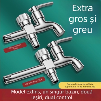 Robinet pentru mașina de spălat cu ieșire dublă, aliaj de cupru, disc ceramic al valvei, finisaj electroplacat, montaj cu buton