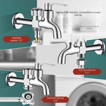 Robinet pentru mașina de spălat cu ieșire dublă, aliaj de cupru, disc ceramic al valvei, finisaj electroplacat, montaj cu buton