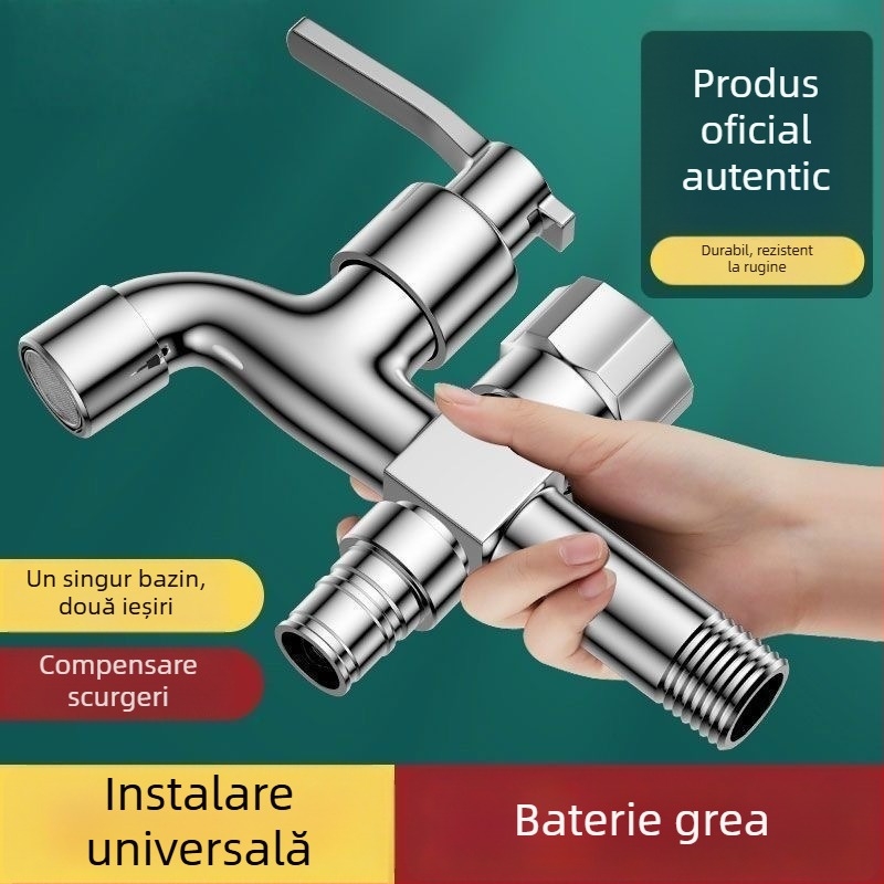 Robinet pentru mașina de spălat cu ieșire dublă, aliaj de cupru, disc ceramic al valvei, finisaj electroplacat, montaj cu buton