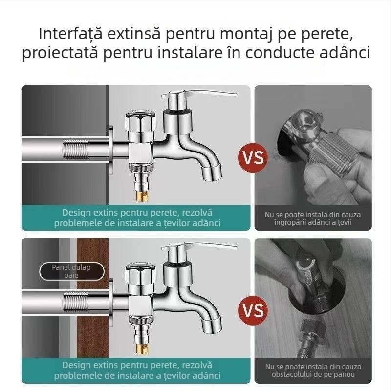 Robinet pentru mașina de spălat cu ieșire dublă, aliaj de cupru, disc ceramic al valvei, finisaj electroplacat, montaj cu buton