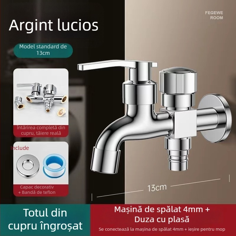 Robinet pentru mașina de spălat cu ieșire dublă, aliaj de cupru, disc ceramic al valvei, finisaj electroplacat, montaj cu buton