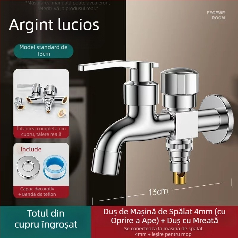 Robinet pentru mașina de spălat cu ieșire dublă, aliaj de cupru, disc ceramic al valvei, finisaj electroplacat, montaj cu buton