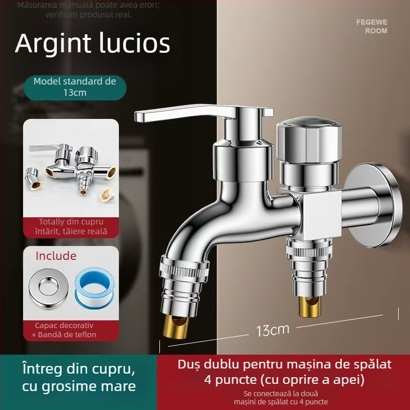 Robinet pentru mașina de spălat cu ieșire dublă, aliaj de cupru, disc ceramic al valvei, finisaj electroplacat, montaj cu buton