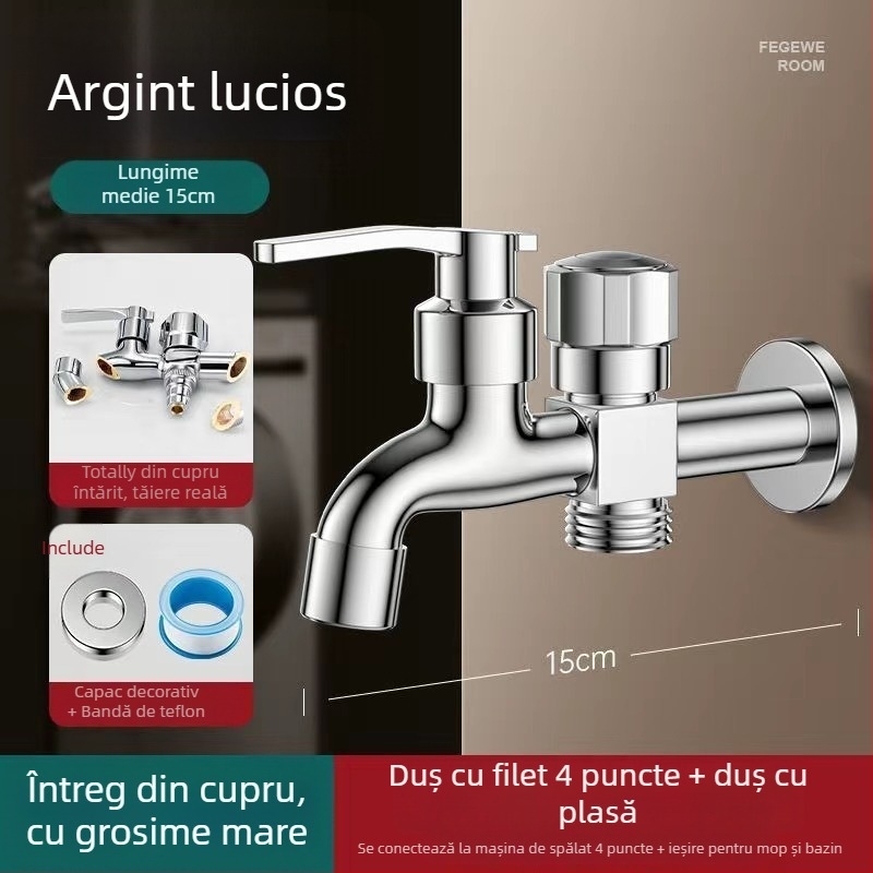Robinet pentru mașina de spălat cu ieșire dublă, aliaj de cupru, disc ceramic al valvei, finisaj electroplacat, montaj cu buton