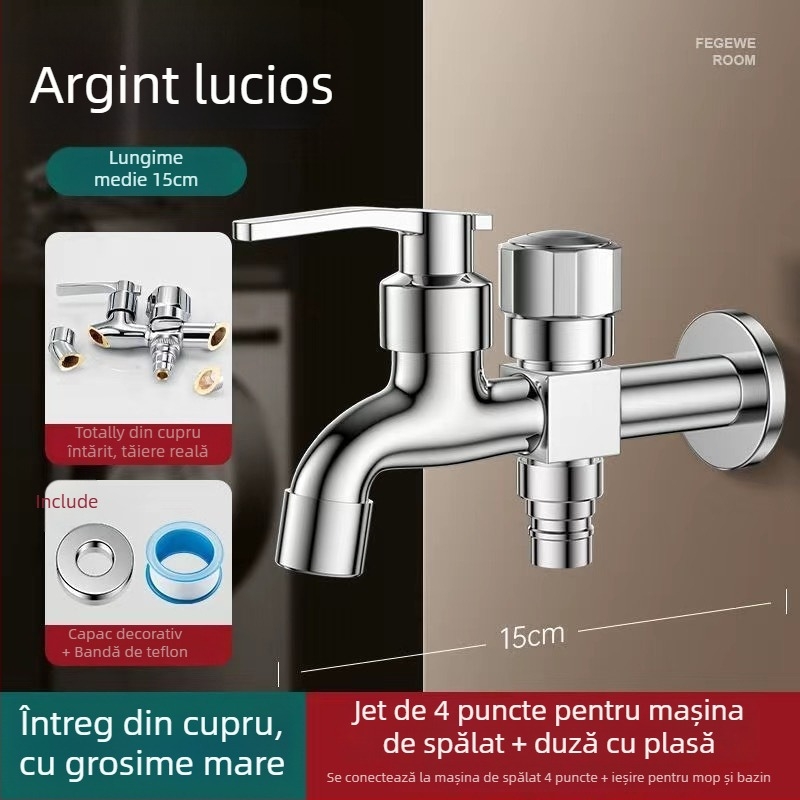 Robinet pentru mașina de spălat cu ieșire dublă, aliaj de cupru, disc ceramic al valvei, finisaj electroplacat, montaj cu buton
