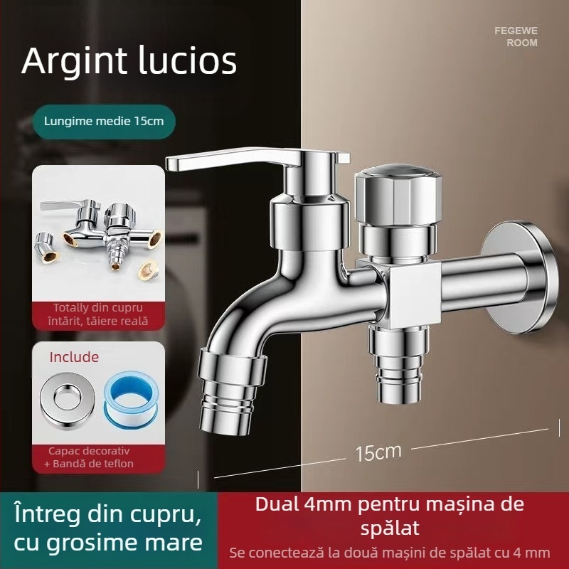 Robinet pentru mașina de spălat cu ieșire dublă, aliaj de cupru, disc ceramic al valvei, finisaj electroplacat, montaj cu buton