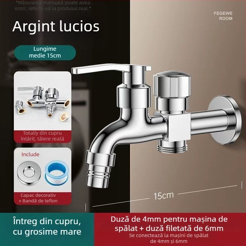 Robinet pentru mașina de spălat cu ieșire dublă, aliaj de cupru, disc ceramic al valvei, finisaj electroplacat, montaj cu buton