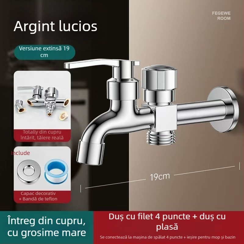 Robinet pentru mașina de spălat cu ieșire dublă, aliaj de cupru, disc ceramic al valvei, finisaj electroplacat, montaj cu buton