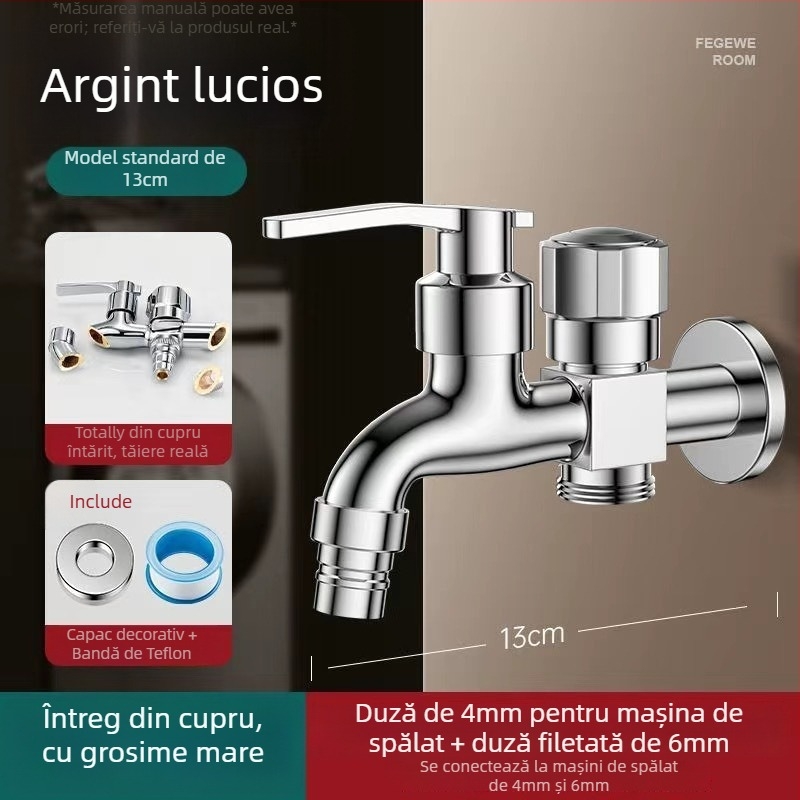 Robinet pentru mașina de spălat cu ieșire dublă, aliaj de cupru, disc ceramic al valvei, finisaj electroplacat, montaj cu buton