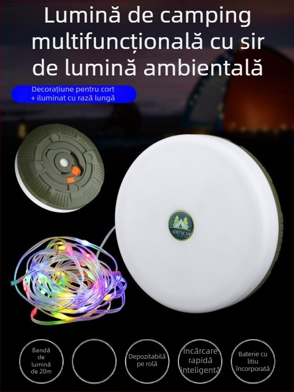 Lumină LED pentru camping, șir de 20 m, alimentare cu baterie, 3,7 V, 5 W, întrerupător cu buton