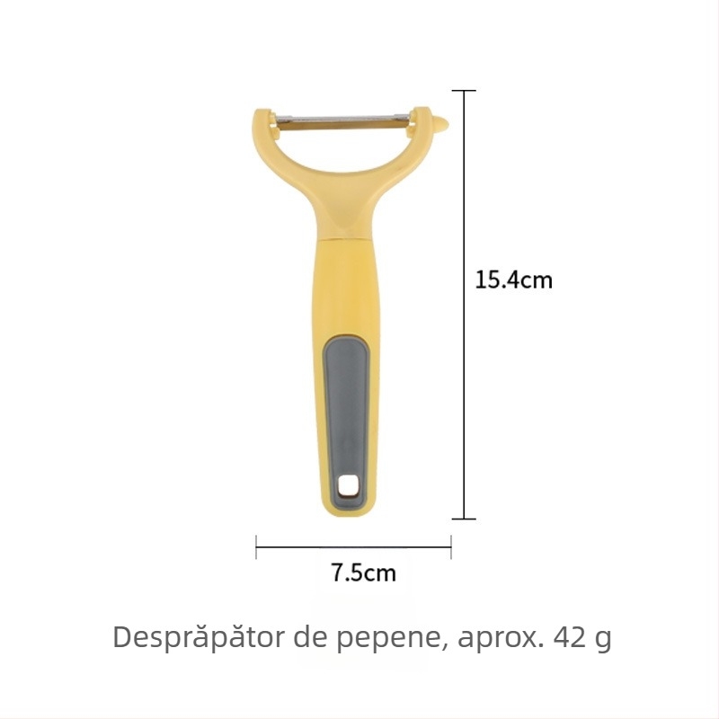 Set de unelte de bucătărie: curățător de legume, spatulă pentru prăjituri, tăietor de fructe și deschizător de sticle; mânere din lemn și PP; piese ABS; lame din oțel inoxidabil 430.