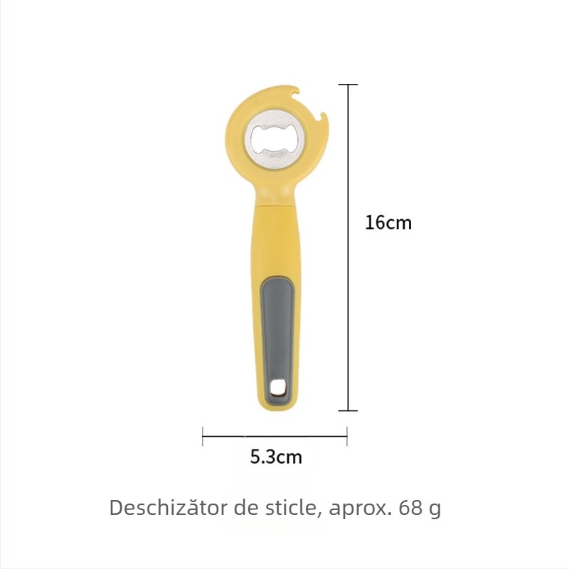 Set de unelte de bucătărie: curățător de legume, spatulă pentru prăjituri, tăietor de fructe și deschizător de sticle; mânere din lemn și PP; piese ABS; lame din oțel inoxidabil 430.