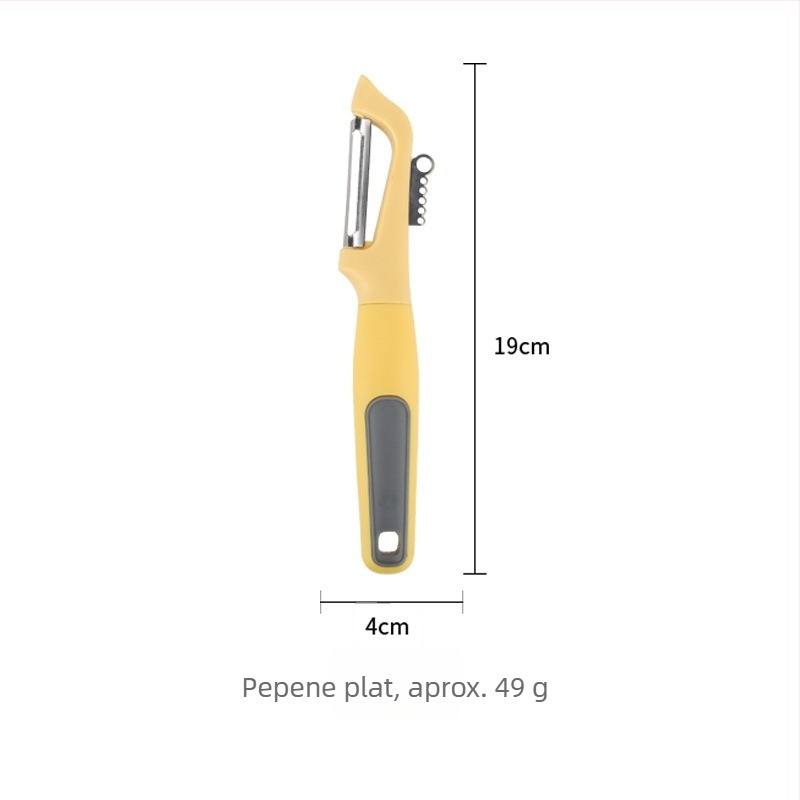 Set de unelte de bucătărie: curățător de legume, spatulă pentru prăjituri, tăietor de fructe și deschizător de sticle; mânere din lemn și PP; piese ABS; lame din oțel inoxidabil 430.