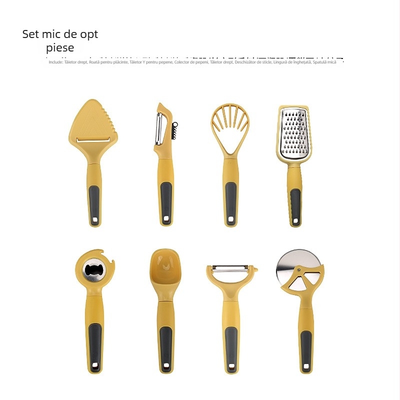 Set de unelte de bucătărie: curățător de legume, spatulă pentru prăjituri, tăietor de fructe și deschizător de sticle; mânere din lemn și PP; piese ABS; lame din oțel inoxidabil 430.