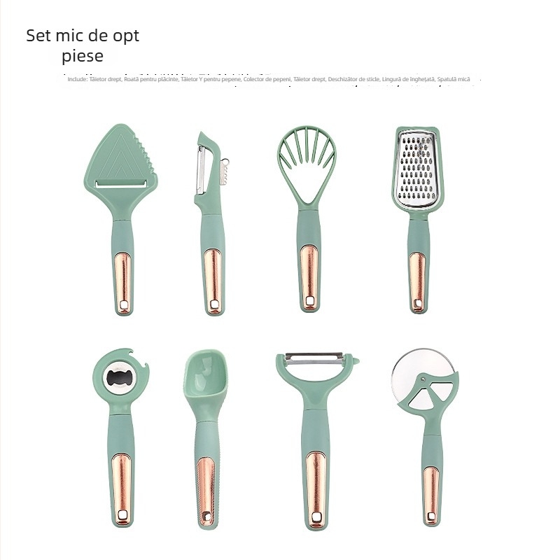 Set de unelte de bucătărie: curățător de legume, spatulă pentru prăjituri, tăietor de fructe și deschizător de sticle; mânere din lemn și PP; piese ABS; lame din oțel inoxidabil 430.