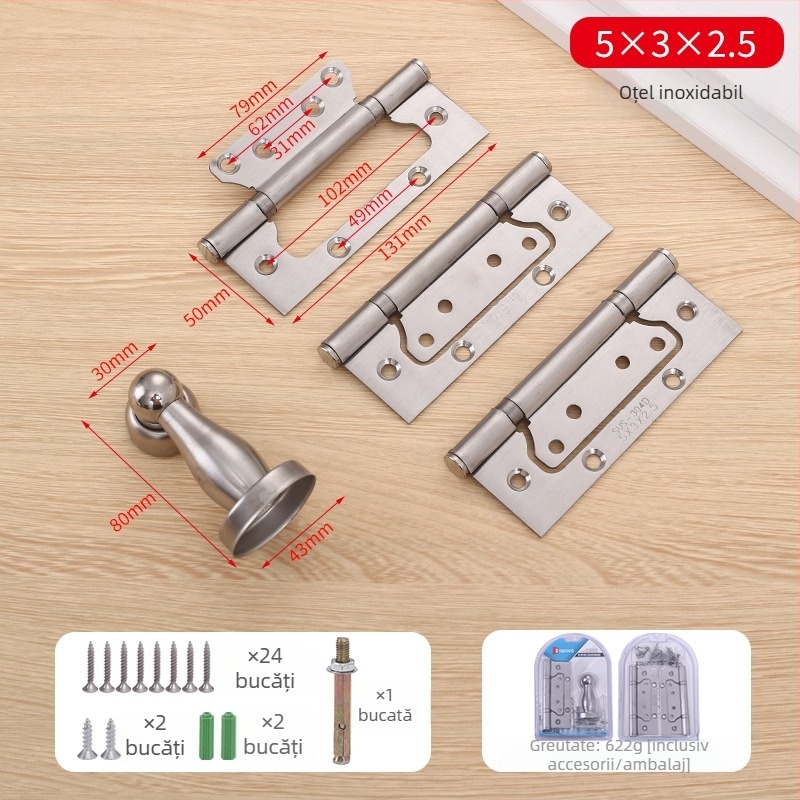 Set de balamale din oțel inoxidabil pentru uși din lemn – trei în unu, fără canale, îngroșat, silențios