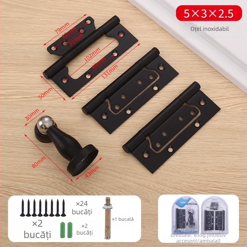 Set de balamale din oțel inoxidabil pentru uși din lemn – trei în unu, fără canale, îngroșat, silențios